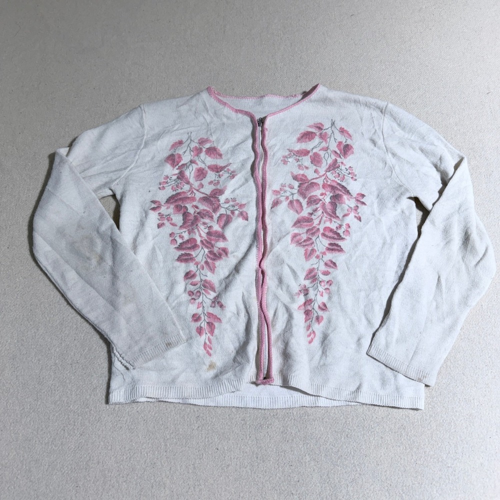 Vintage Pink Floral Zip Up Cardigan White Long Sleeve Sweater 1950s Womens M